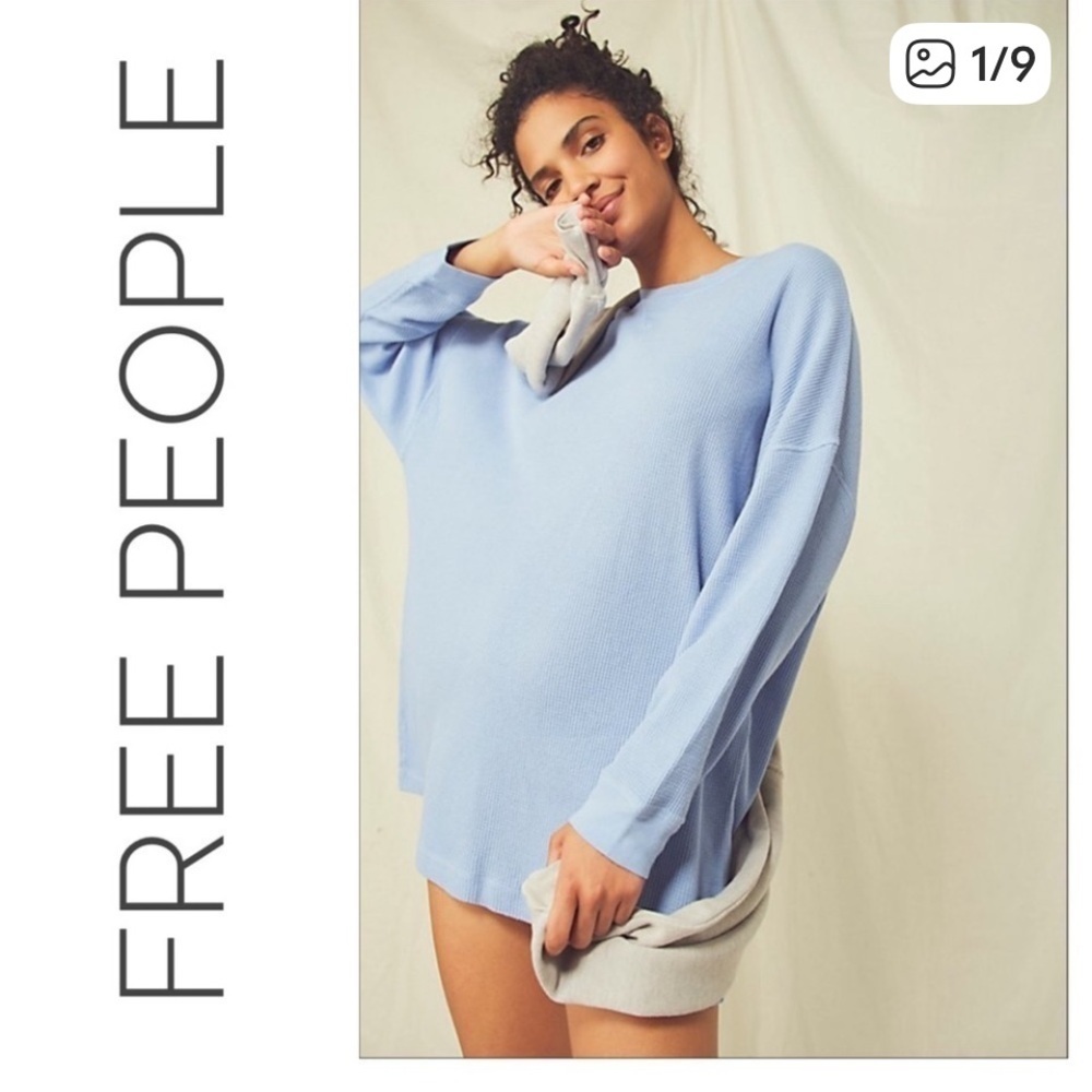 Free People Early Night Thermal Pullover light blue top $128 spring L casual